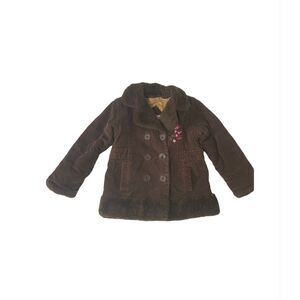 London Fog Girl’s Coat Brown Corduroy Embroidered Faux Fur Button Up Size 2T